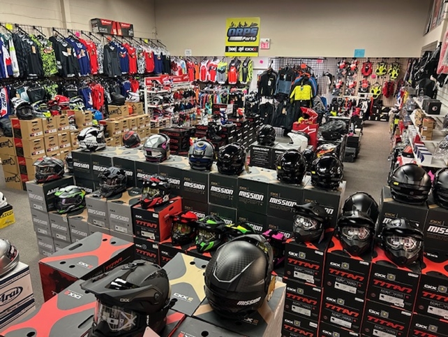 Powersports helmets and apparel on the retail floor